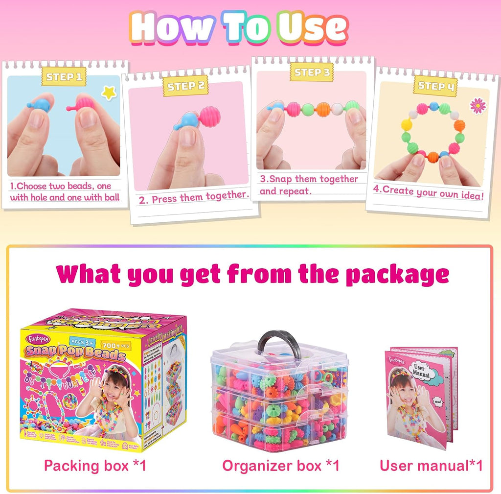 Funtopia Pop Beads, más de 700 piezas de artes y manualidades para niños de 4 a 6 años, cuentas a presión, juego de pulseras, collares, anillos, tobilleras, juguetes creativos para fiestas de
