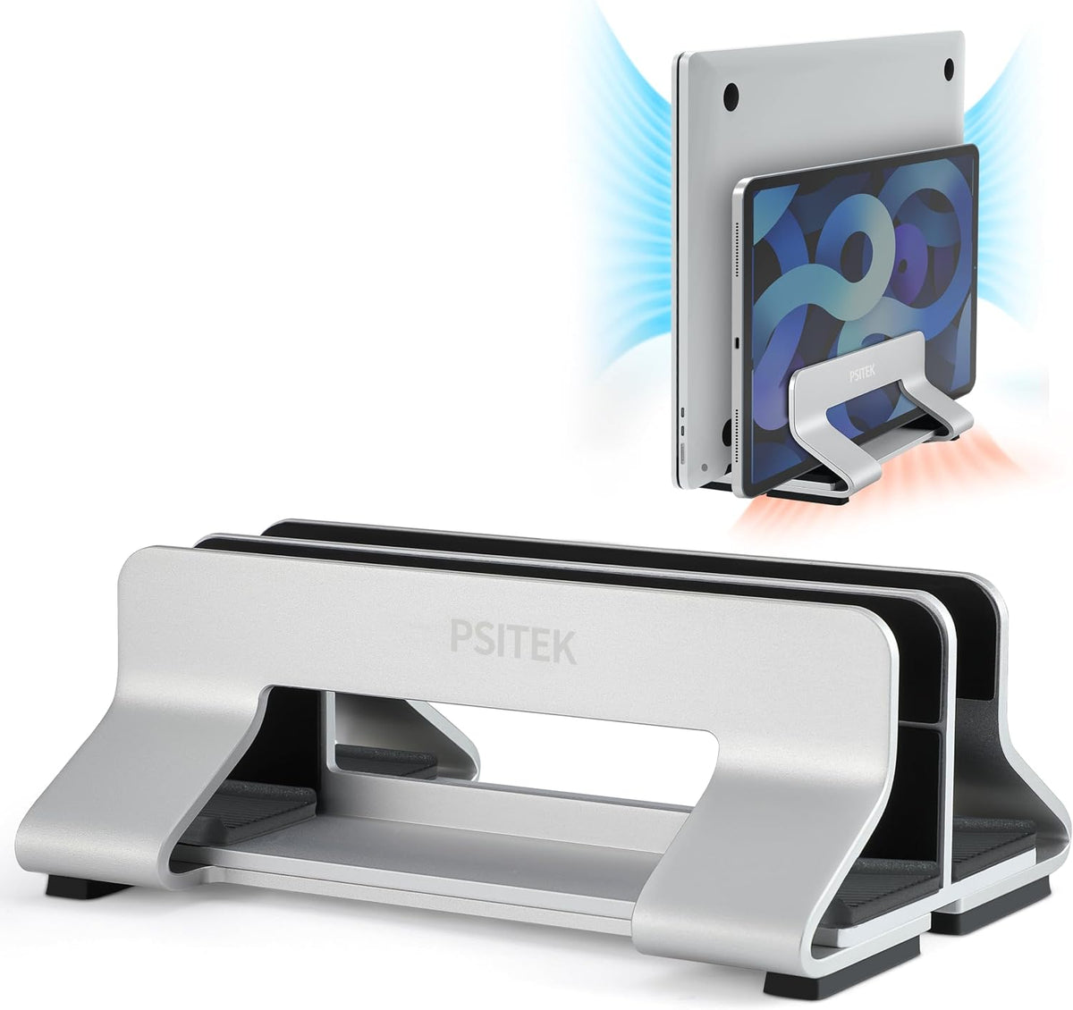 Psitek Soporte vertical dual de aluminio para laptop, soporta 2 dis...