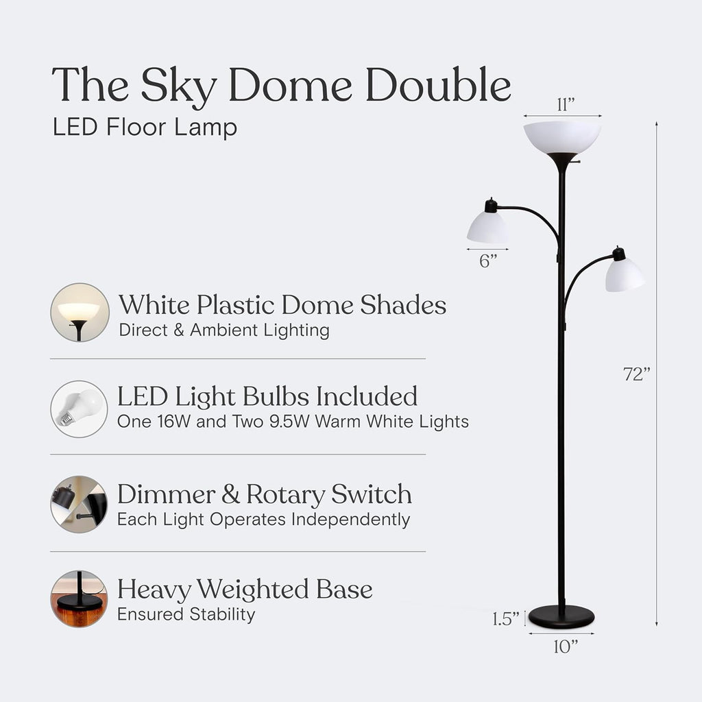 Brightech Sky Dome Lámpara de Piso Doble LED, Torchiere Lámpara de Piso Súper Brillante con 2 Lámparas de Lectura para Salas y Oficinas - Lámpara de Pie Alta Regulable para Lectura en Dormitorio - Poste Alto Negro