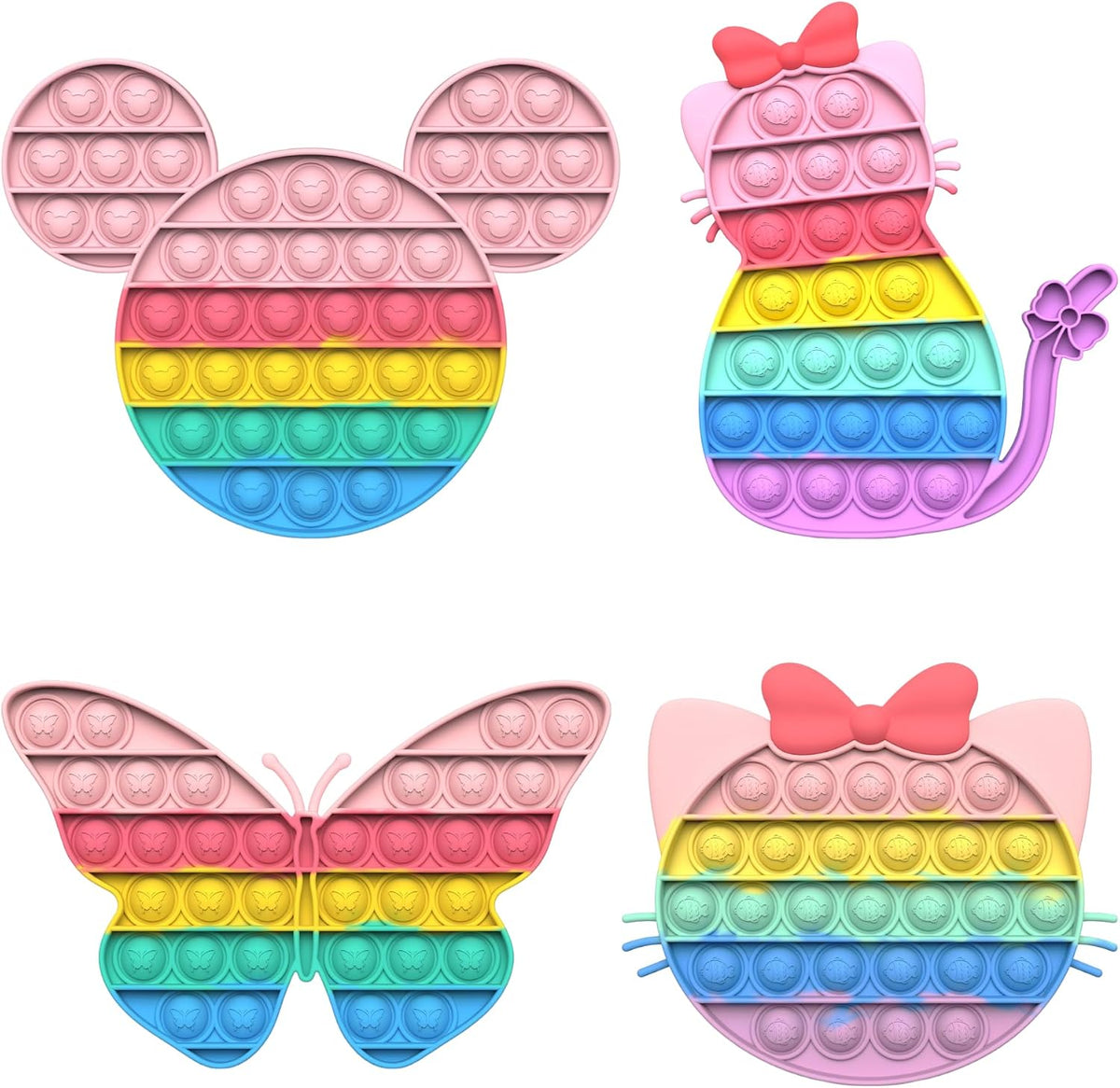 Paquete de 4 juguetes para ansiedad de reventar burbujas para niños, mariposa Pop It, gato Pop It, juego de juguetes sensoriales de ratón y gatito, juguetes sensoriales de animales para la ansiedad