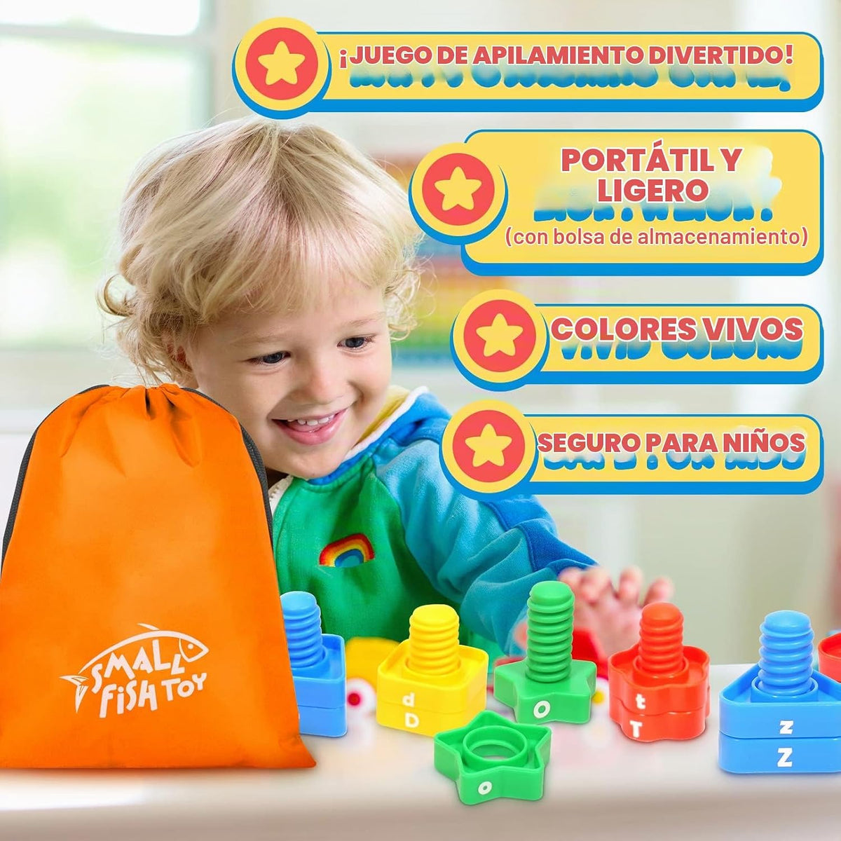 Juego de aprendizaje de letras a juego | Juego de juguetes preescolares para niños | 26 juguetes de aprendizaje del alfabeto con 52 piezas de tuercas y pernos, juguetes de clasificación y apilamiento