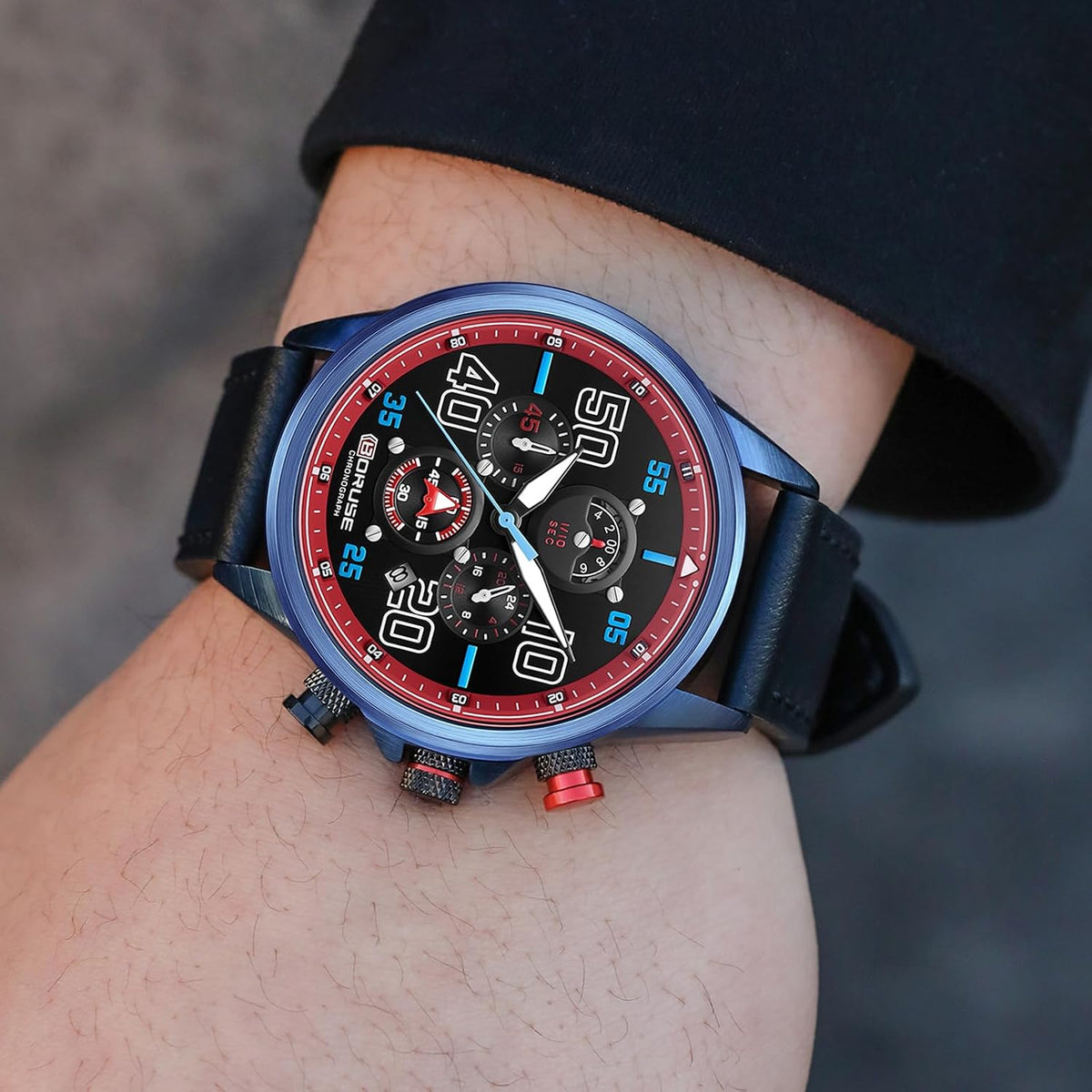 Relojes de negocios para hombre, cronógrafo negro, reloj de cuarzo de cara grande, impermeable, calendario luminoso, reloj analógico para correa de cuero