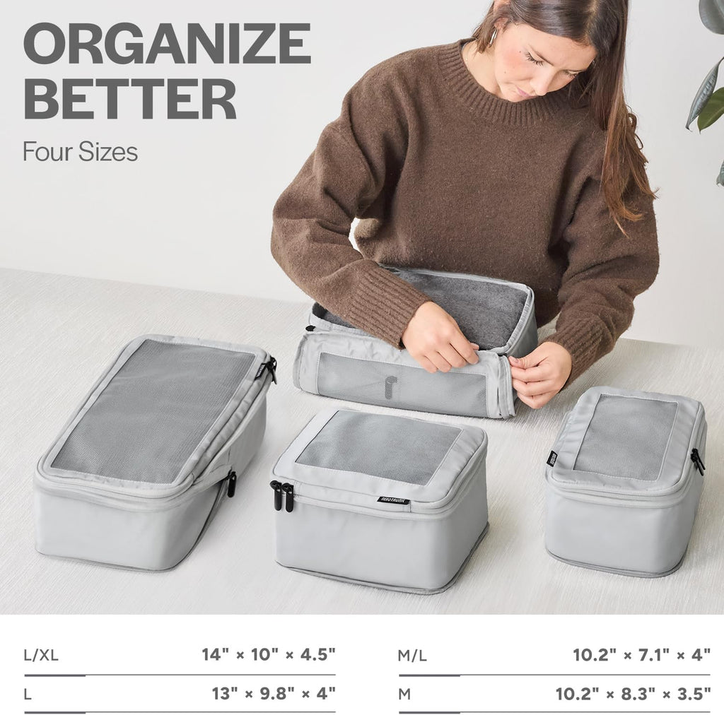 Cubos de embalaje de compresión Aerotrunk para viajes - Bolsas organizadoras de equipaje - Cubos de embalaje de doble cremallera para maletas (paquete de 4, gris claro)