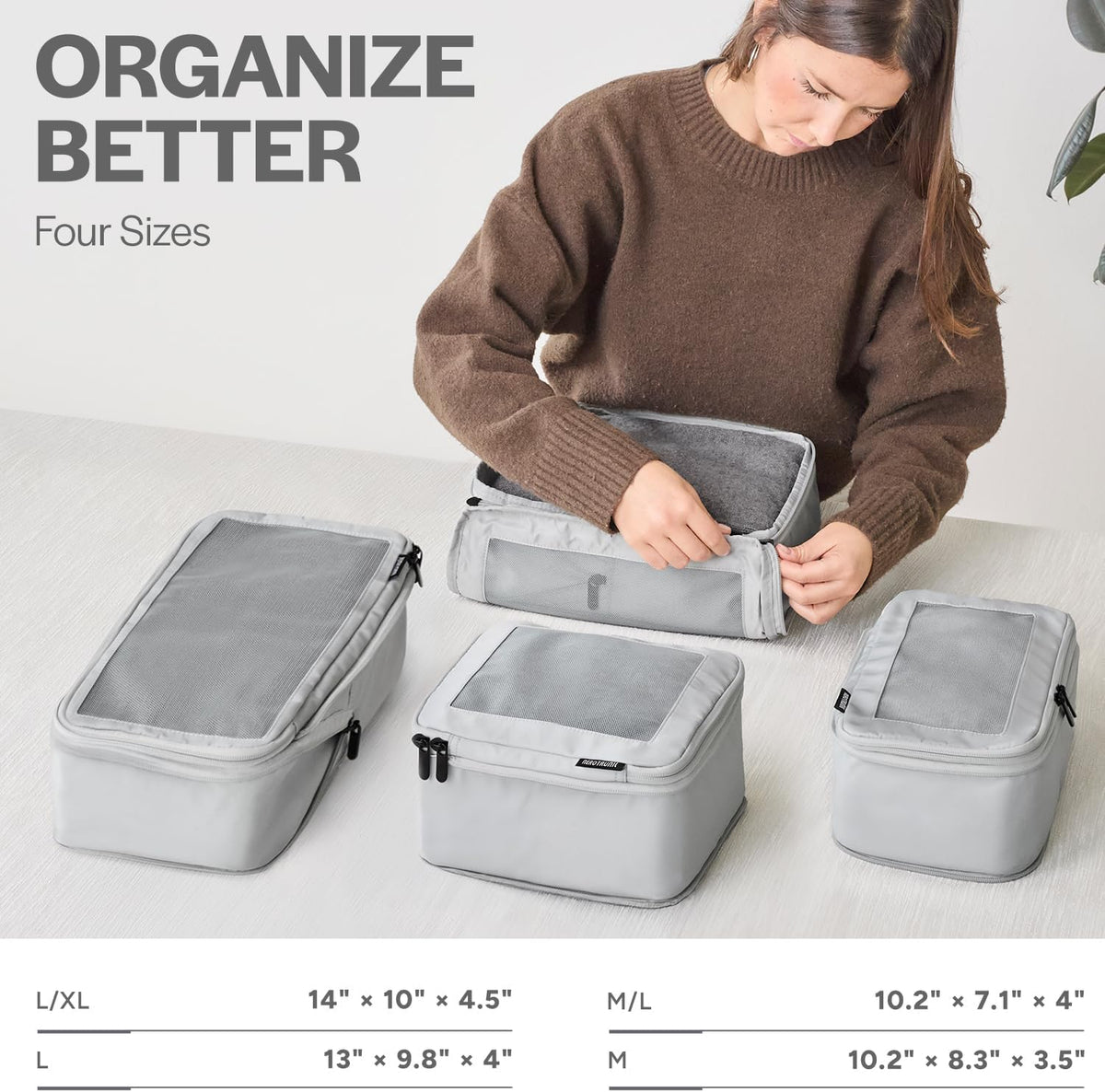 Cubos de embalaje de compresión Aerotrunk para viajes - Bolsas organizadoras de equipaje - Cubos de embalaje de doble cremallera para maletas (paquete de 4, gris claro)
