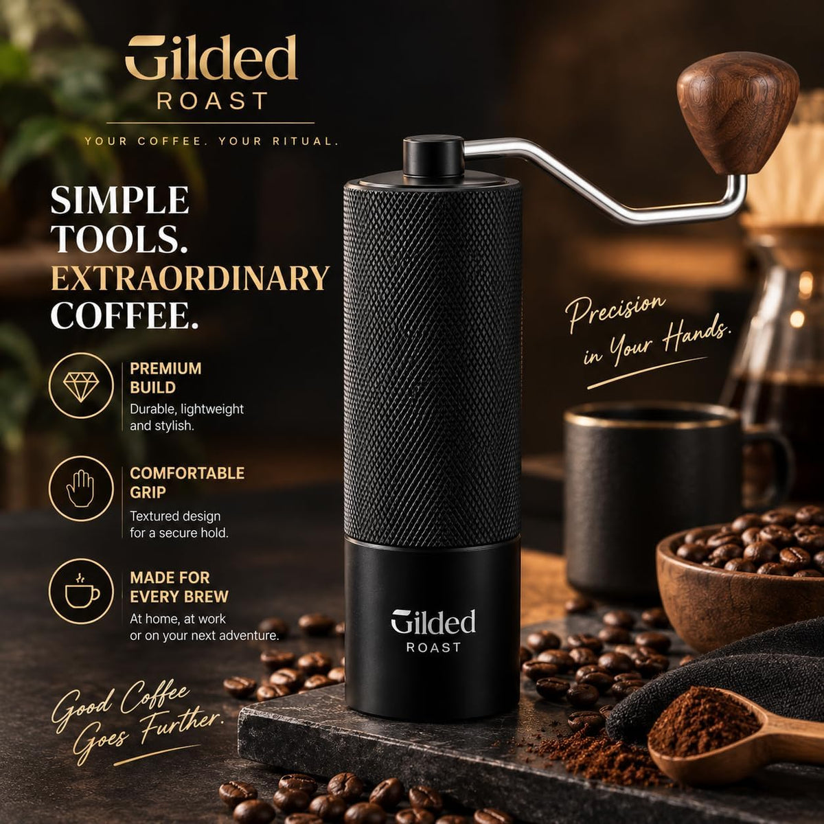 Molinillo de café manual con cepillo de limpieza y tamaño de molienda ajustable, rebabas de acero inoxidable, cuerpo de aleación de aluminio, capacidad de 0.88 oz