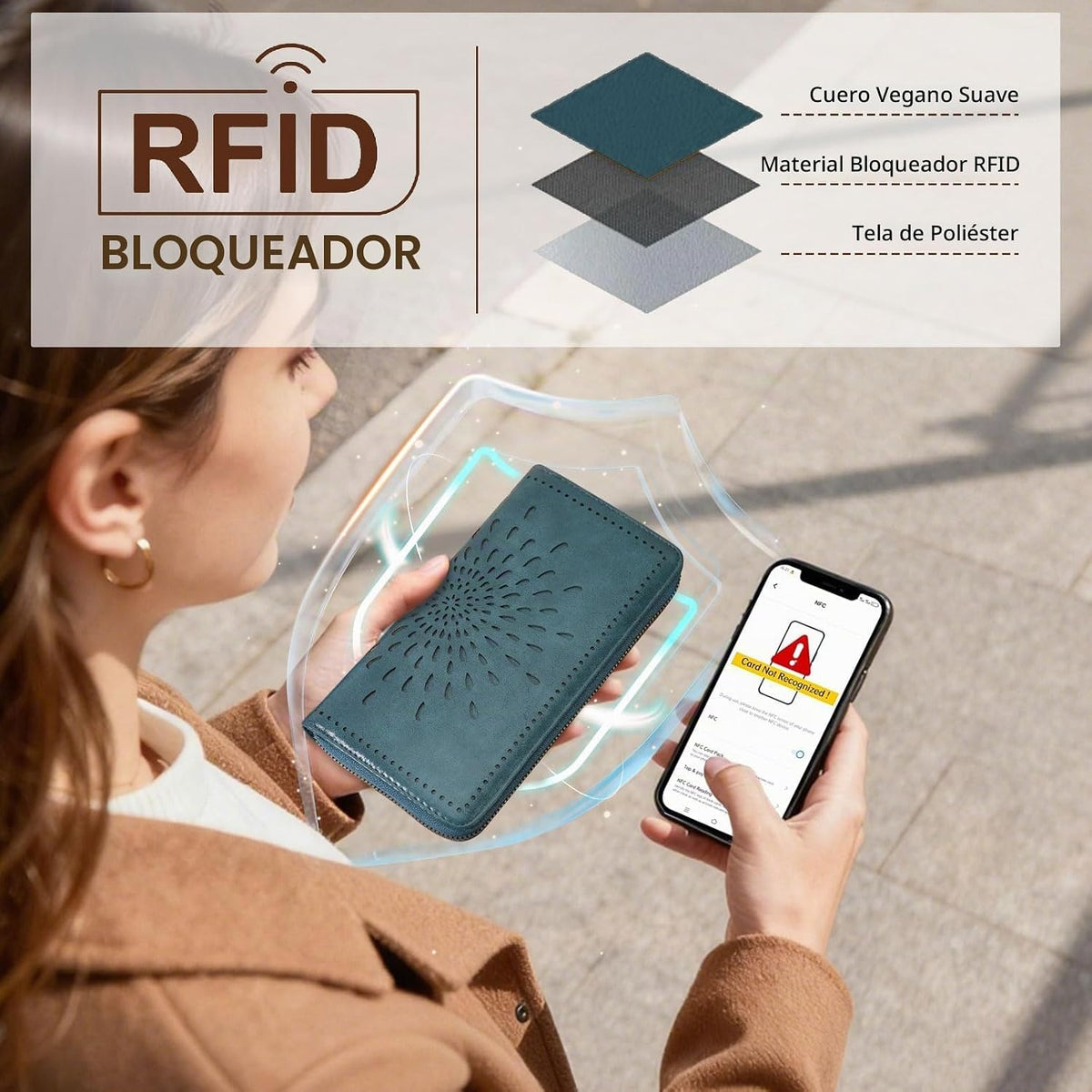 APHISON Billetera para mujer, gran capacidad, monedero, tarjetero, RFID, pulsera, teléfono, cremallera, moneda, bolsillo de viaje