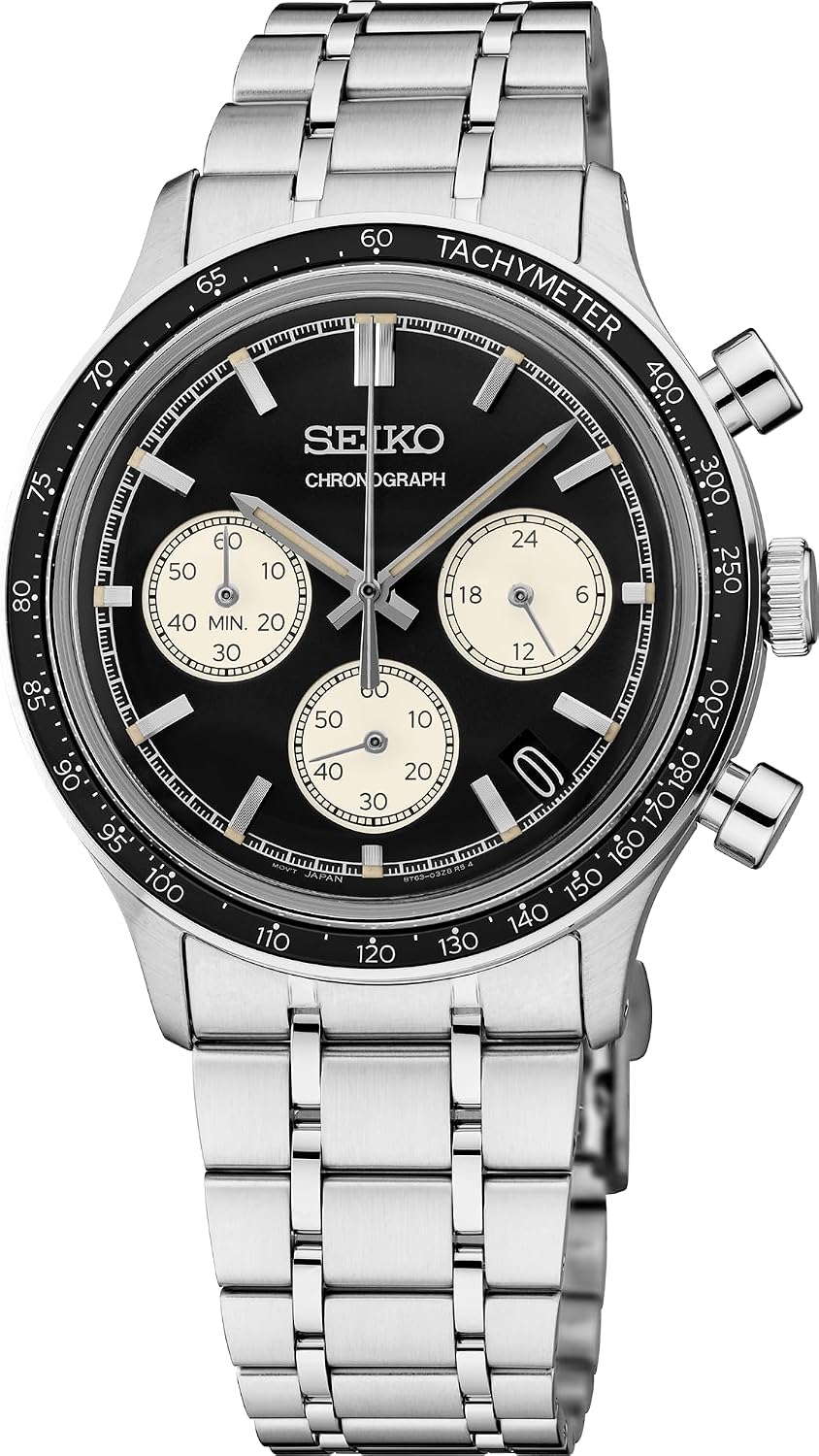 SEIKO SSB479 - Reloj de pulsera con cronógrafo de cuarzo analógico de acero inoxidable para hombre, batería de 3 años, calendario de fecha, 328.1 ft resistente al agua, color negro profundo