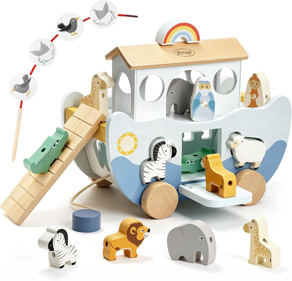 Joyreal Juguete de madera del arca de Noé para regalo de bautismo de bebé niño y niña de 1 año, juguete educativo Montessori de color neutro con clasificador de formas de animales, juguetes cristianos