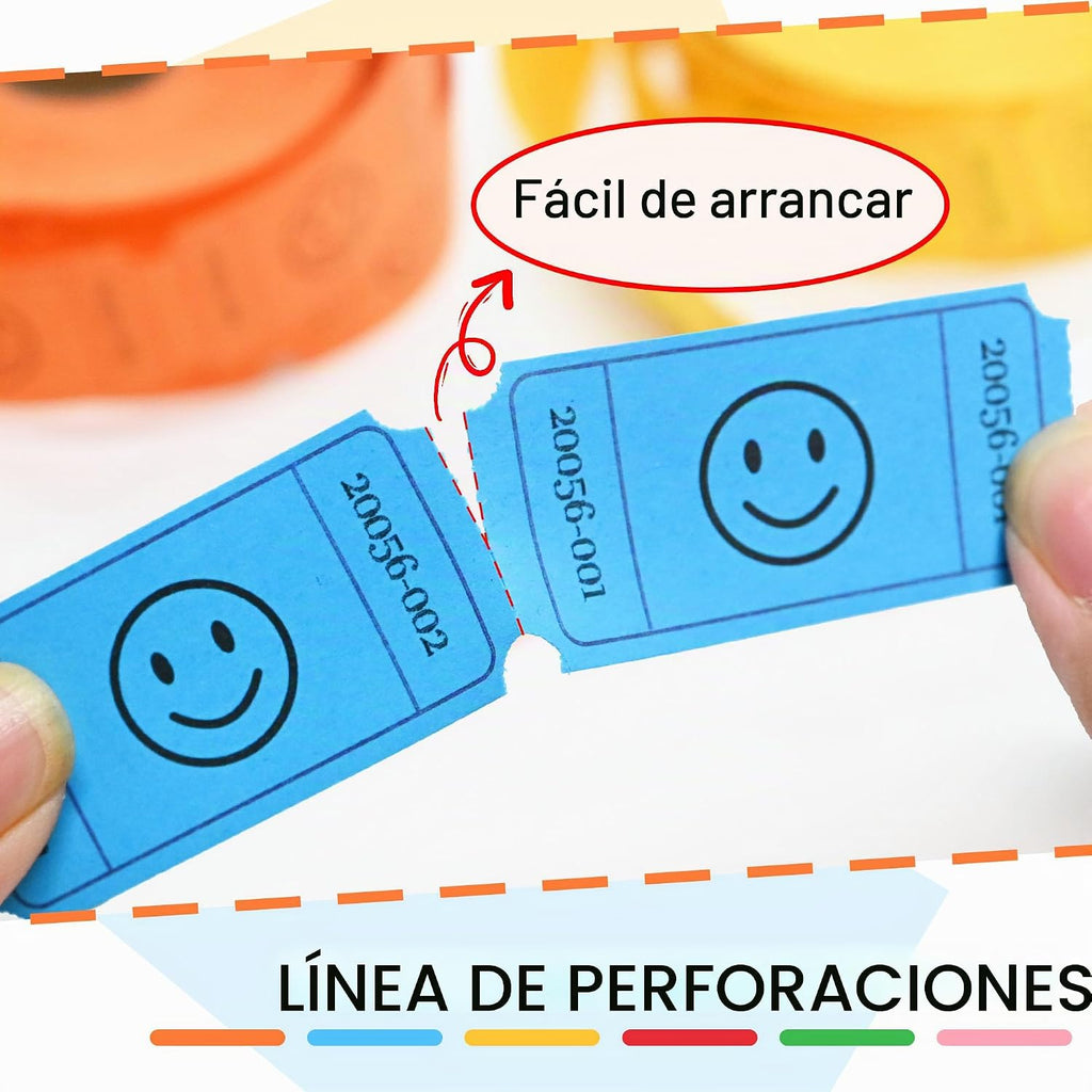 LLIKED 3000 Tickets de Rifas, 1x2 Pulgadas Diseño de Sonrisa, 6 Rollos de Colores Surtidos