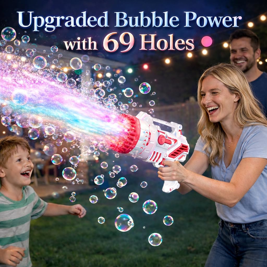 Pistola de burbujas para niños, máquina de burbujas recargable con luces