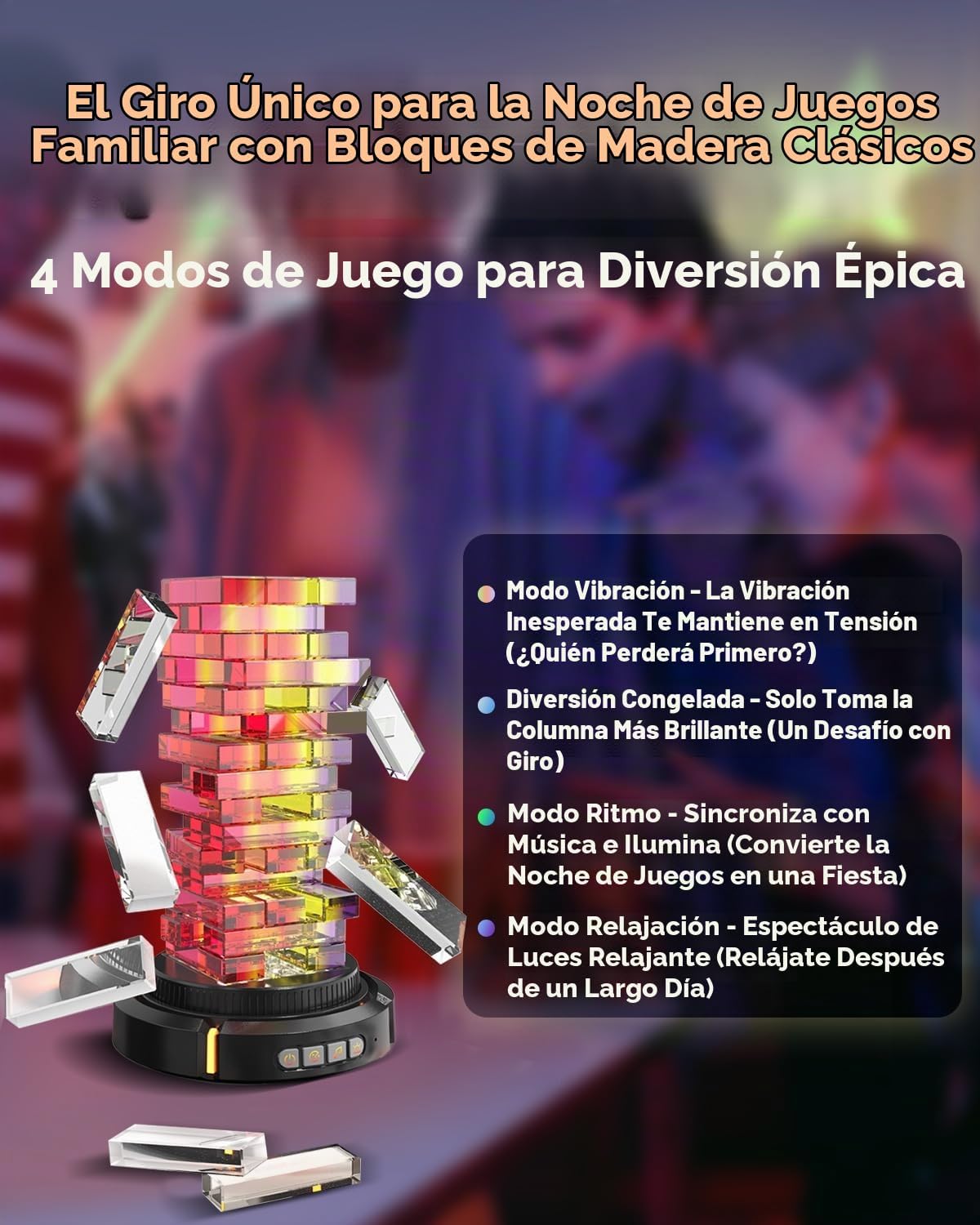 Juego de torre que brilla en la oscuridad, base giratoria y luces RGB para pastilla, bloque acrílico, apilamiento y equilibrio divertido para Kds y aduits, juego de mesa interior para noche de juegos