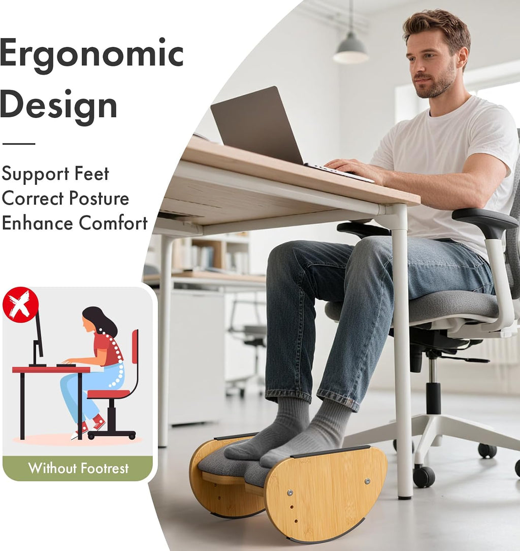 Lámpara Reposapiés de bambú para debajo del escritorio con cojín 3 en 1, reposapiés ergonómico reversible de madera para debajo del escritorio en el trabajo, taburetes ajustables con funda lavable