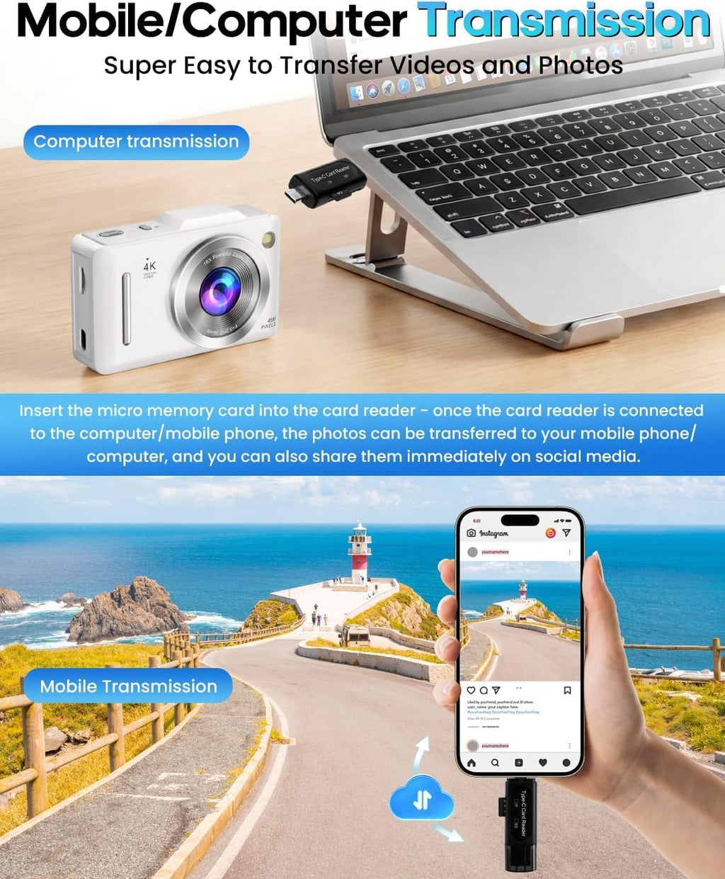 Cámara digital 4K de enfoque automático para vlogging para fotografía con zoom de 16X antivibración, tarjeta de 32 GB, cámara portátil compacta de 48 MP, regalo para niños y niñas principiantes