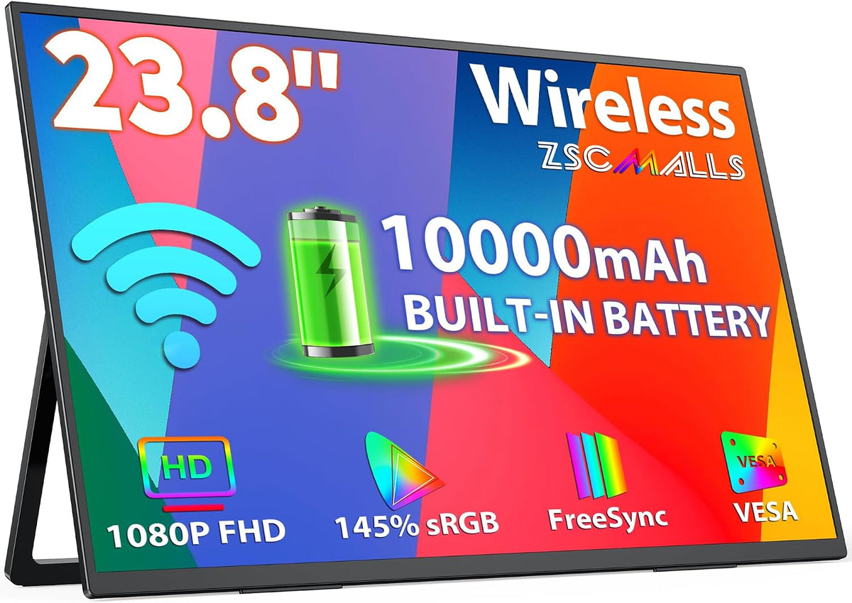 ZSCMALLS Monitor portátil inalámbrico de 23.8 pulgadas con batería incorporada, pantalla IPS FHD de 1080P, pantalla AirPlay y Miracast, no necesita aplicación, modo Alt USB C DP y HDMI, VESA