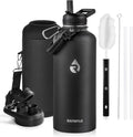 RAYMYLO Botella de acero inoxidable|Aislamiento al vacío de triple pared (fría por hasta 48 horas)|A prueba de fugas|Sin BPA|Con cuerda de paracaídas|Tapa con boquilla y popote|87 oz|Negro mágico