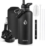 RAYMYLO Botella de acero inoxidable|Aislamiento al vacío de triple pared (fría por hasta 48 horas)|A prueba de fugas|Sin BPA|Con cuerda de paracaídas|Tapa con boquilla y popote|87 oz|Negro mágico