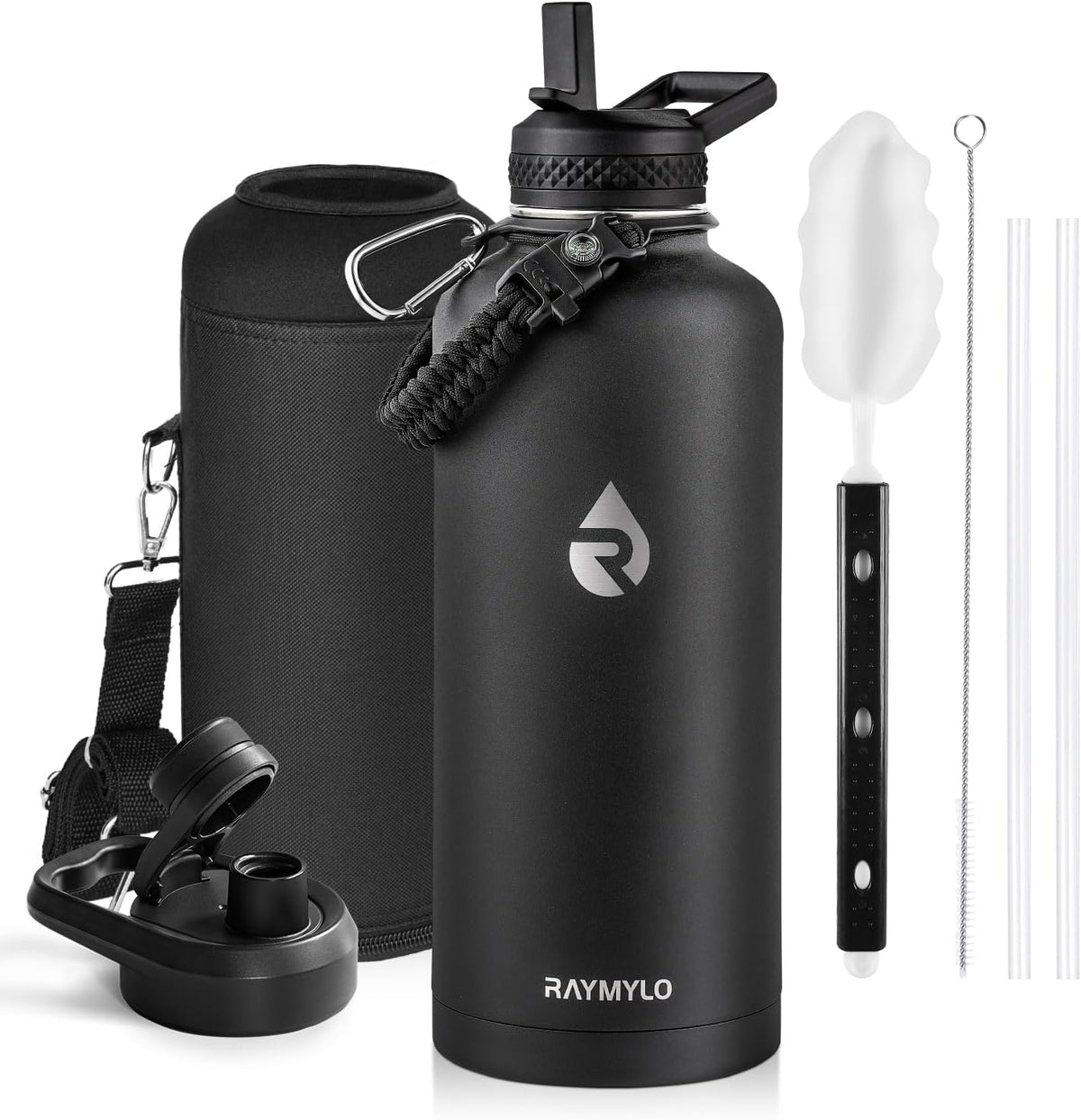 RAYMYLO Botella de acero inoxidable|Aislamiento al vacío de triple pared (fría por hasta 48 horas)|A prueba de fugas|Sin BPA|Con cuerda de paracaídas|Tapa con boquilla y popote|87 oz|Negro mágico