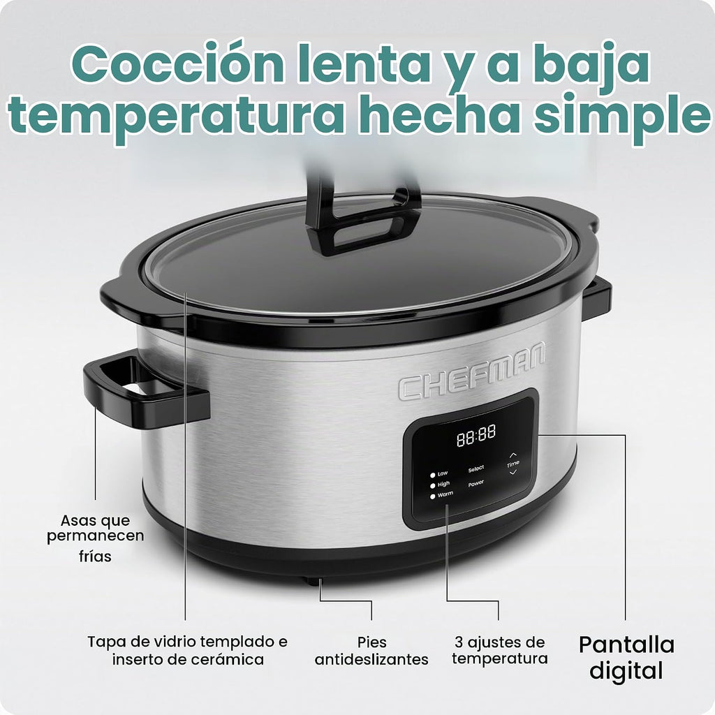 Chefman Olla de cocción lenta digital programable de tamaño familiar grande de 7 cuartos de galón con temporizador de 24 horas, ajustes bajos, altos y cálidos, cerámica Crock, tapa de vidrio templado