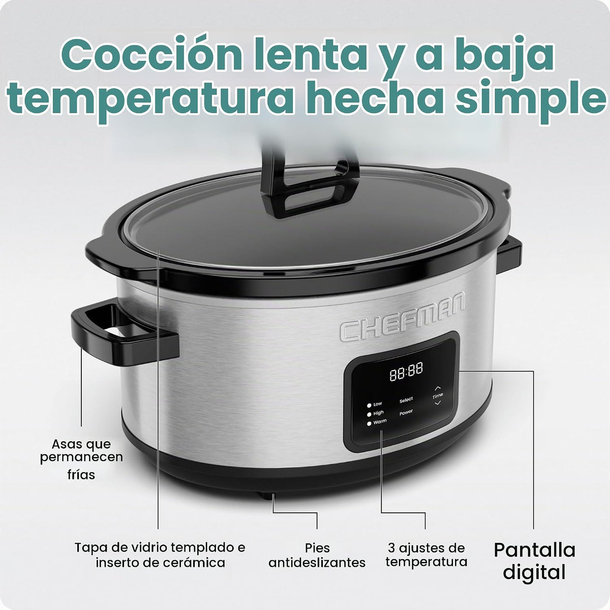 Chefman Olla de cocción lenta digital programable de tamaño familiar grande de 7 cuartos de galón con temporizador de 24 horas, ajustes bajos, altos y cálidos, cerámica Crock, tapa de vidrio templado