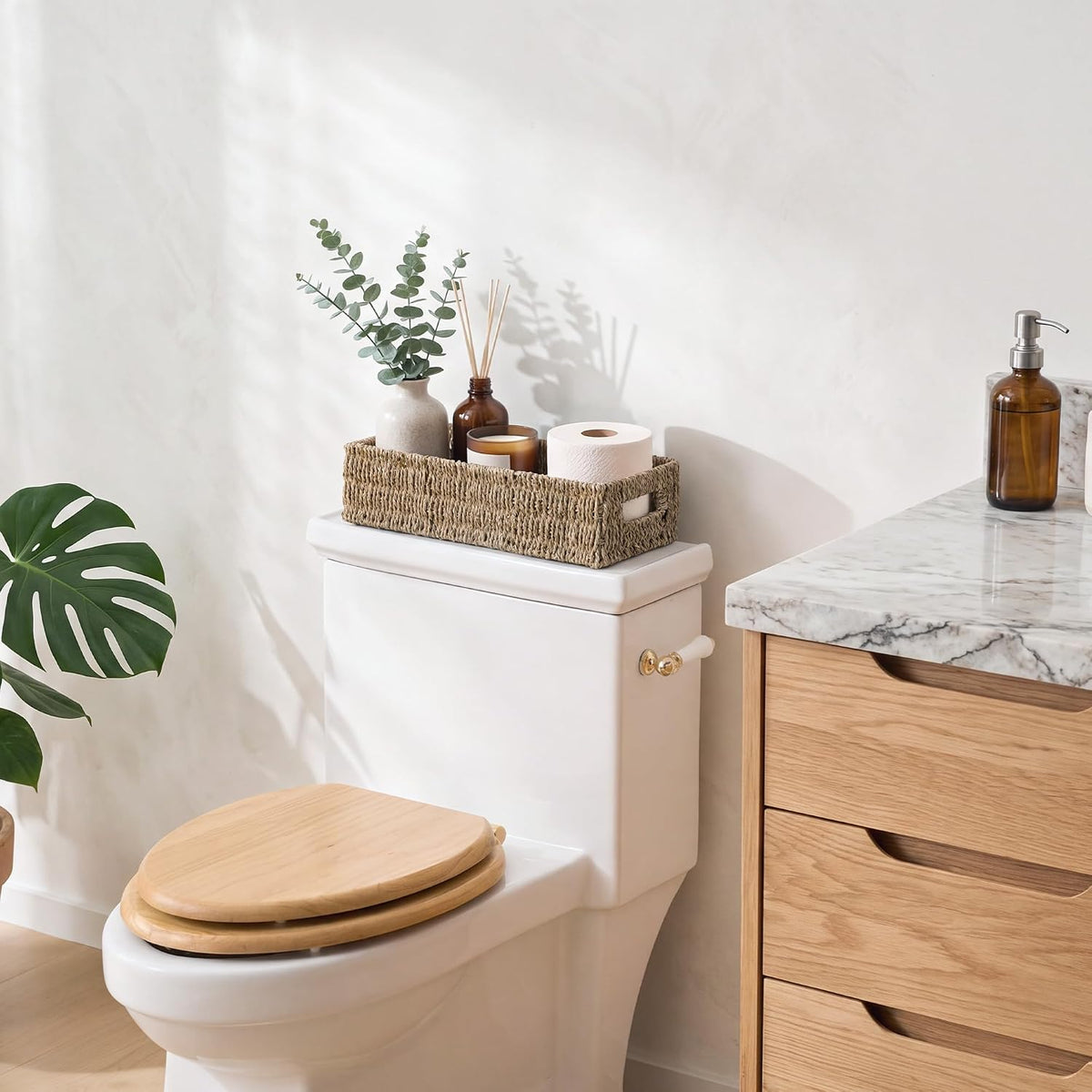 StorageWorks - Canastas de hierbas marinas con asas integradas, caja decorativa para baño, para la parte superior del tanque del inodoro, 14 ¼ pulgadas de largo x 6 ½ pulgadas de ancho x 3 ¾ pulgadas