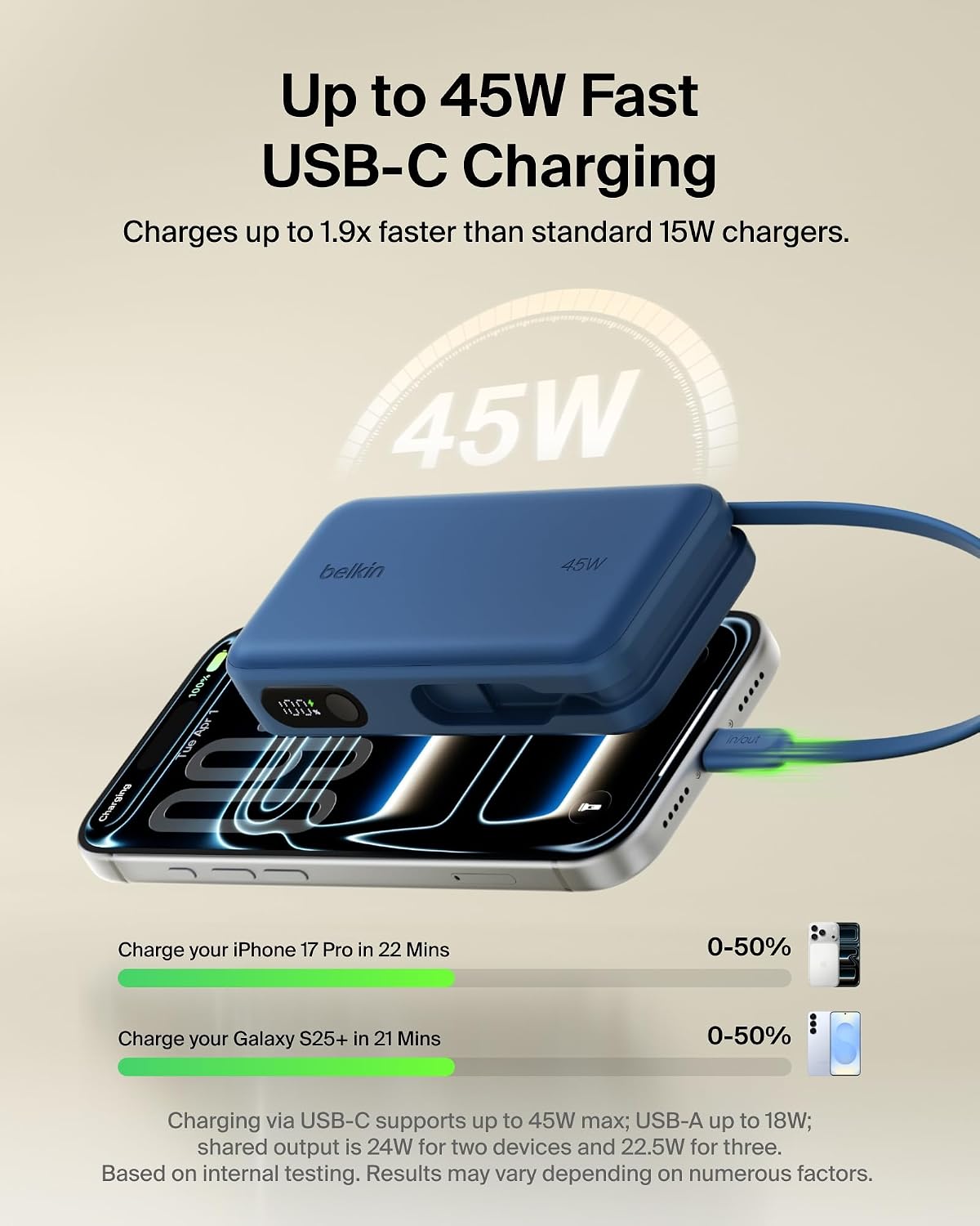 Belkin Banco de energía con cargador portátil de 10000 mAh y 45 W c...