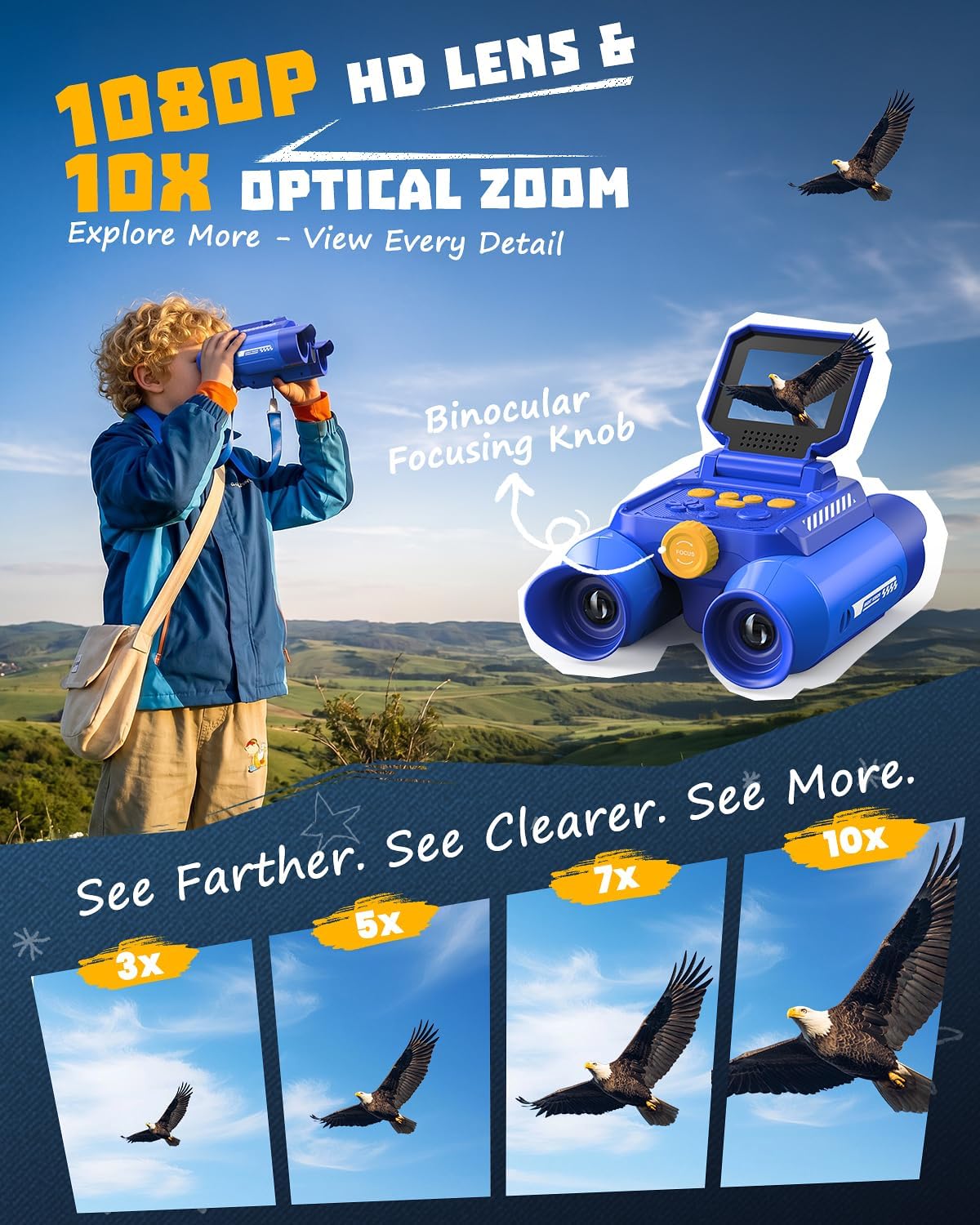 Binoculares para niños con cámara, visión nocturna digital, azul