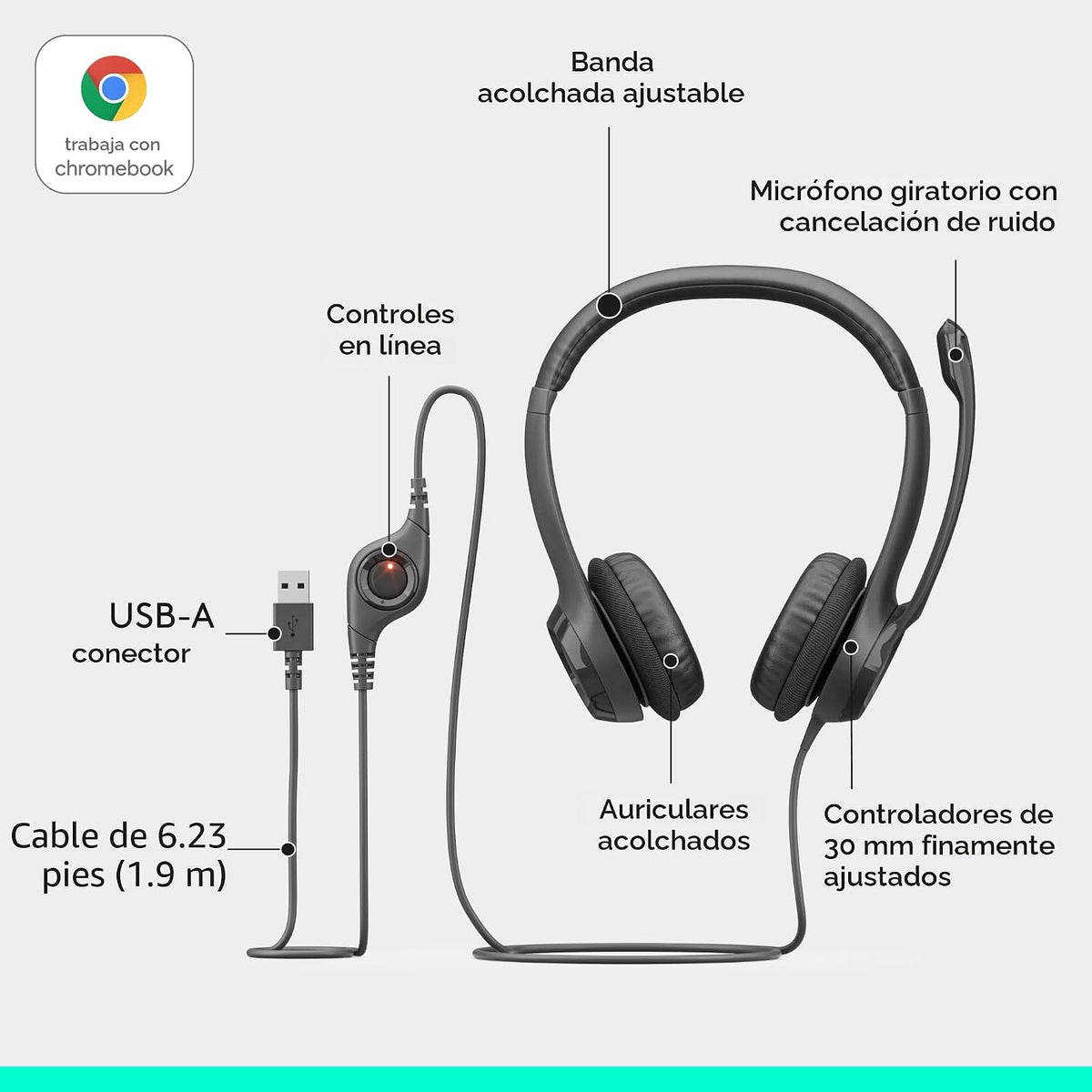 Logitech H390 Auriculares estéreo con cable para PC/portátil, USB-A, color negro