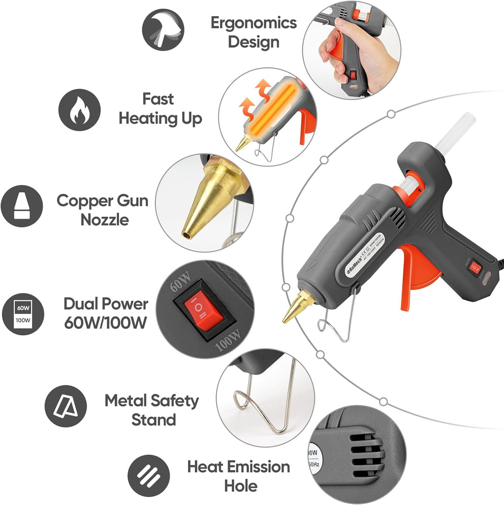 Pistola de pegamento caliente de tamaño completo con potencia dual 60/100 W y 21 barras de pegamento caliente (7/16"), pistola de pegamento industrial de calentamiento rápido y alta resistencia