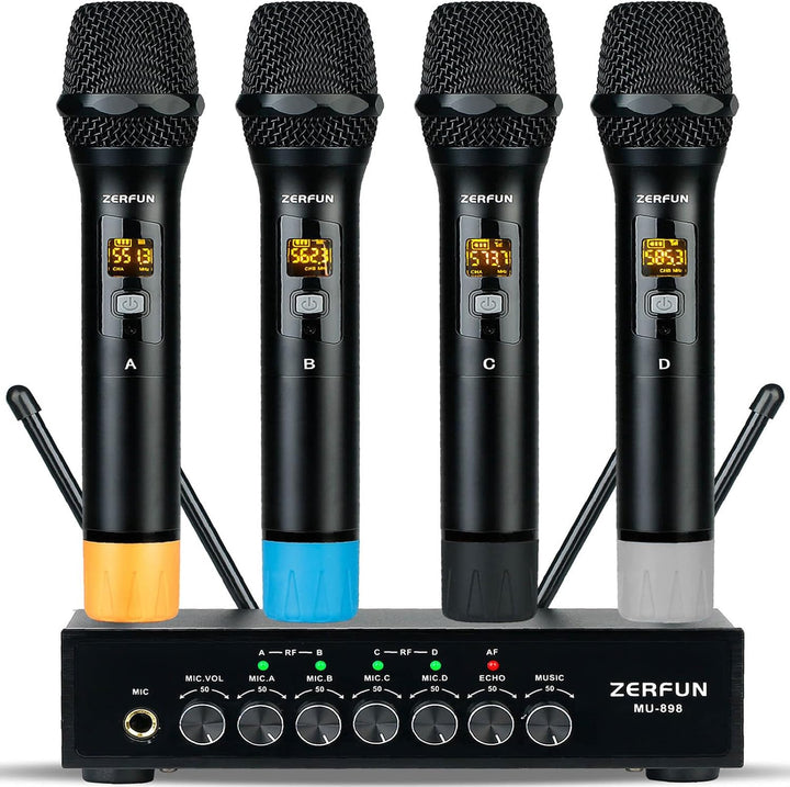 ZERFUN Sistema de micrófono inalámbrico profesional de 4 canales, a...