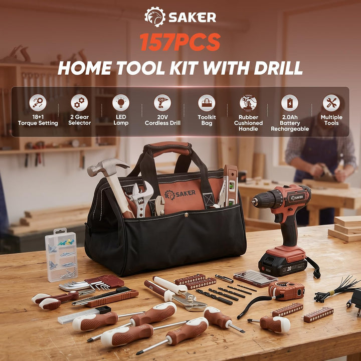Saker Juego de herramientas de 20 V con taladro, kit de herramienta...