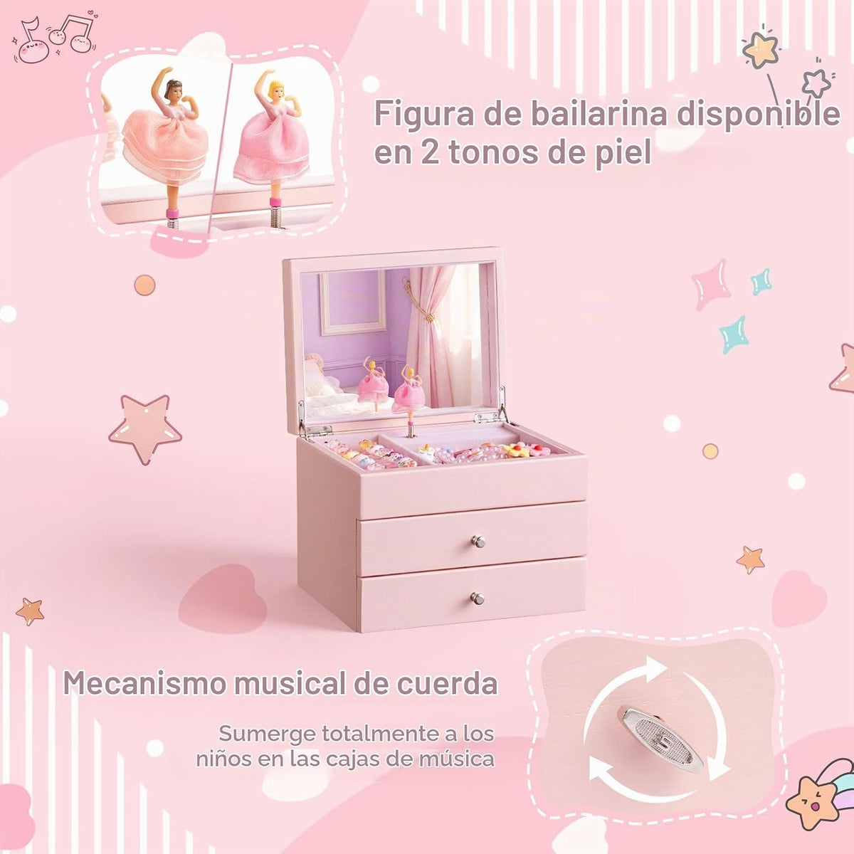 Joyero musical para niñas, joyero musical de 3 capas de madera para niños y organizadores con bailarina giratoria, regalo de almacenamiento de joyas musicales para niñas, Navidad, cumpleaños