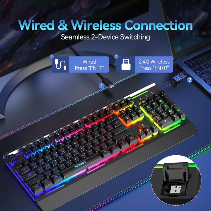 TECKNET Teclado inalámbrico para juegos, teclado recargable 2 en 1...
