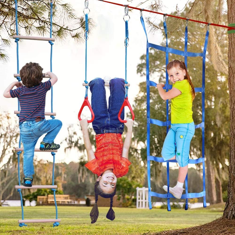 Dripex - Carrera de obstáculos ninja warrior de 50 pies para niño con accesorios completos, columpio, trapecio, escalera de cuerda, red de obstáculos más entrenador de brazos de 3.9 pies