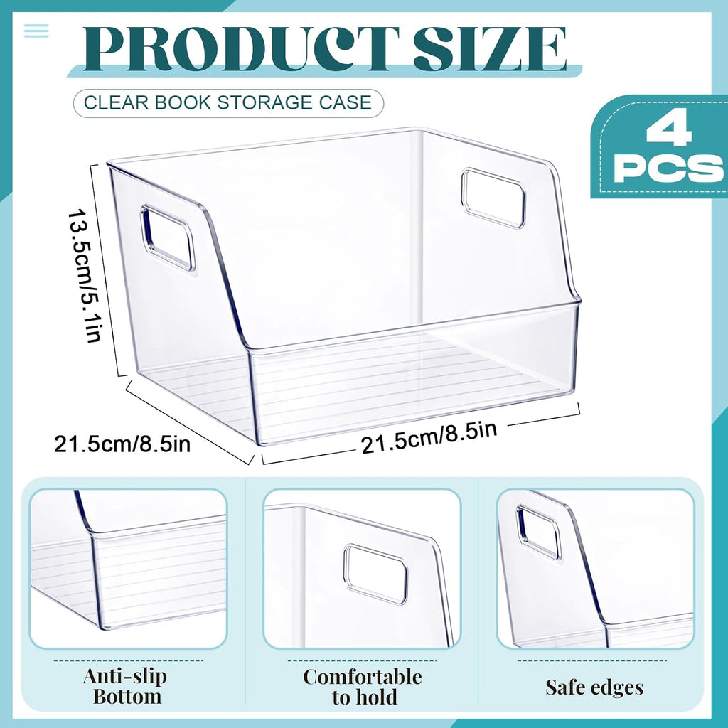 4 piezas de almacenamiento grande transparente para libros de 8.5 x 8.5 x 5.3 pulgadas, organizador de libros, apilable, contenedores de almacenamiento con asa, estantería de oficina, estante