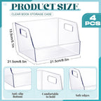 4 piezas de almacenamiento grande transparente para libros de 8.5 x 8.5 x 5.3 pulgadas, organizador de libros, apilable, contenedores de almacenamiento con asa, estantería de oficina, estante