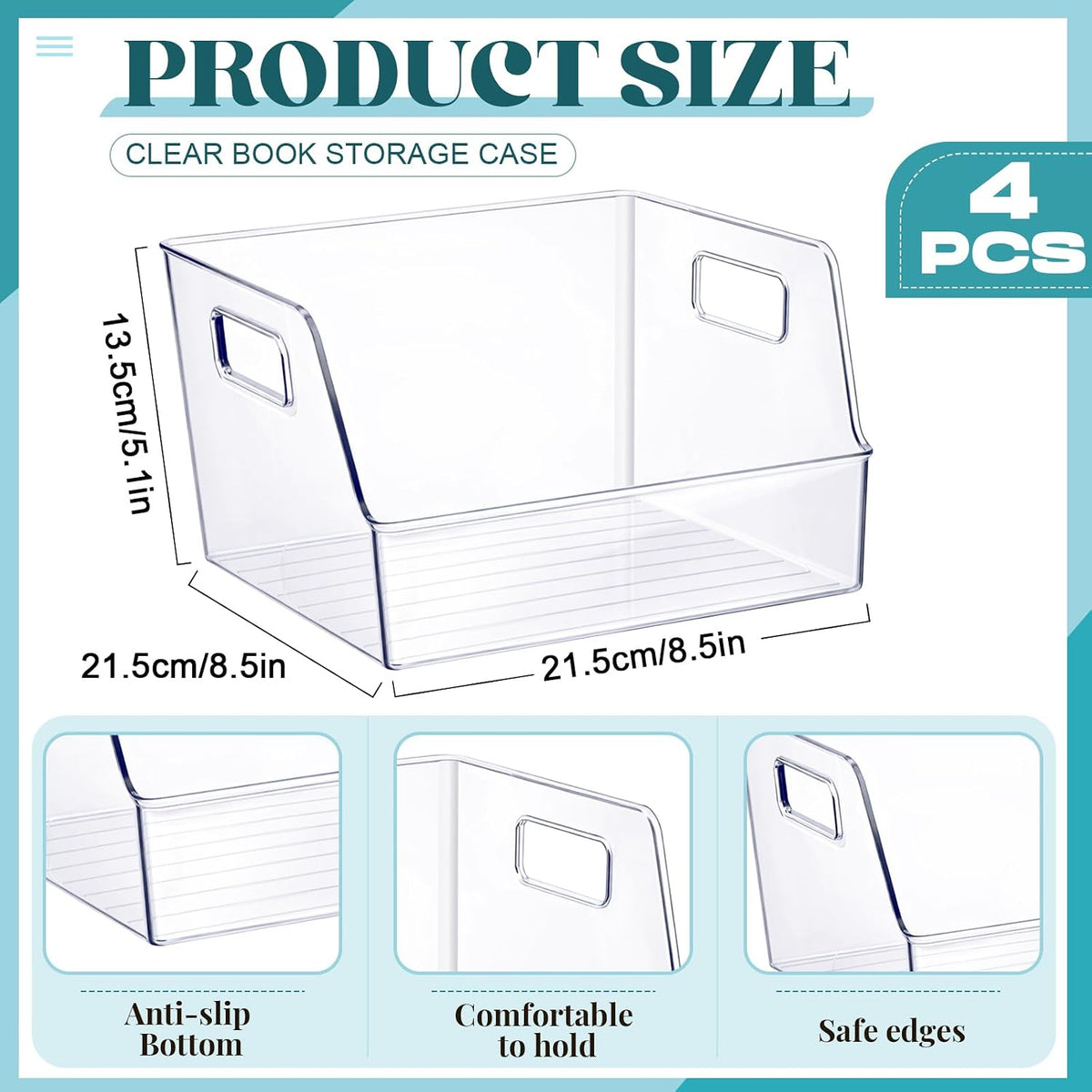 4 piezas de almacenamiento grande transparente para libros de 8.5 x 8.5 x 5.3 pulgadas, organizador de libros, apilable, contenedores de almacenamiento con asa, estantería de oficina, estante