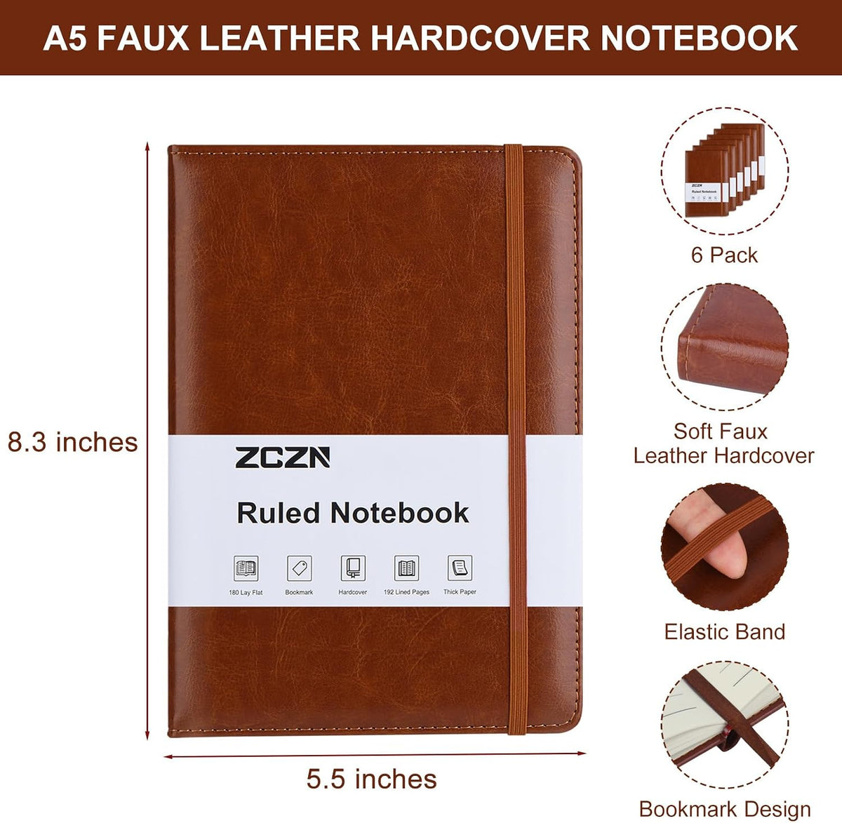 ZCZN Cuadernos rayados para el trabajo, 5.5 x 8.3 pulgadas, 192 páginas, diarios A5 de cuero de tapa dura para escribir, diario y viajes, cuadernos de diario con rayas universitarias para escuela