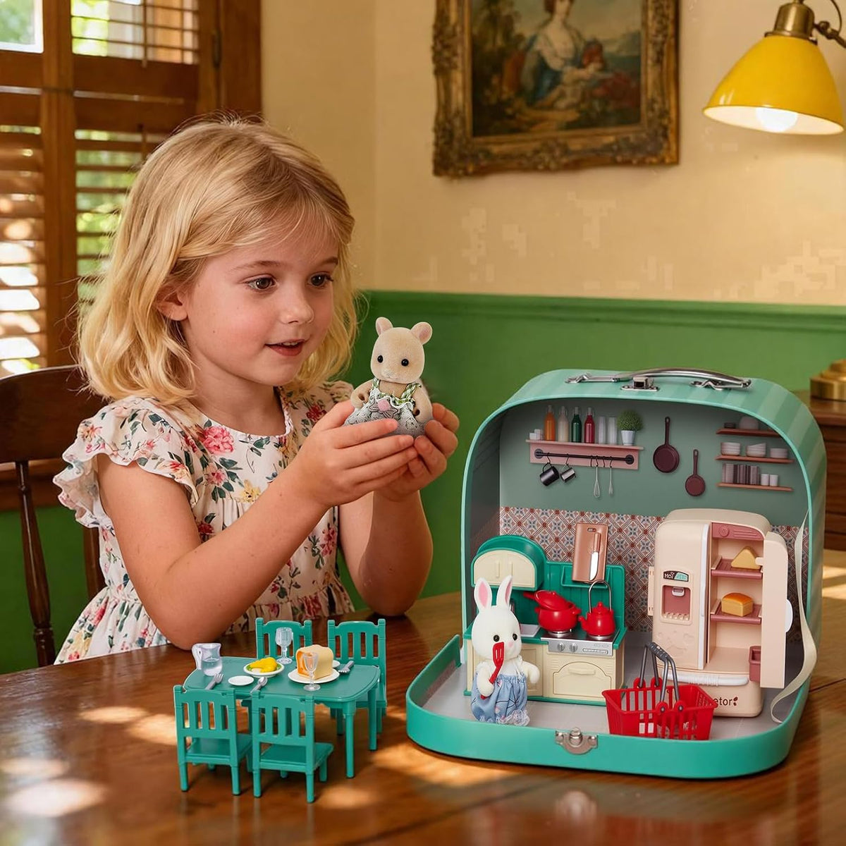 Juego de maletas de muebles de cocina para niños, 2 muñecas flexibles, mesa de comedor, utensilios de cocina, vajilla, refrigerador, pan, accesorios de casa de muñecas para juegos de simulación, regalo de Navidad y cumpleaños para niñas a partir de 3 años