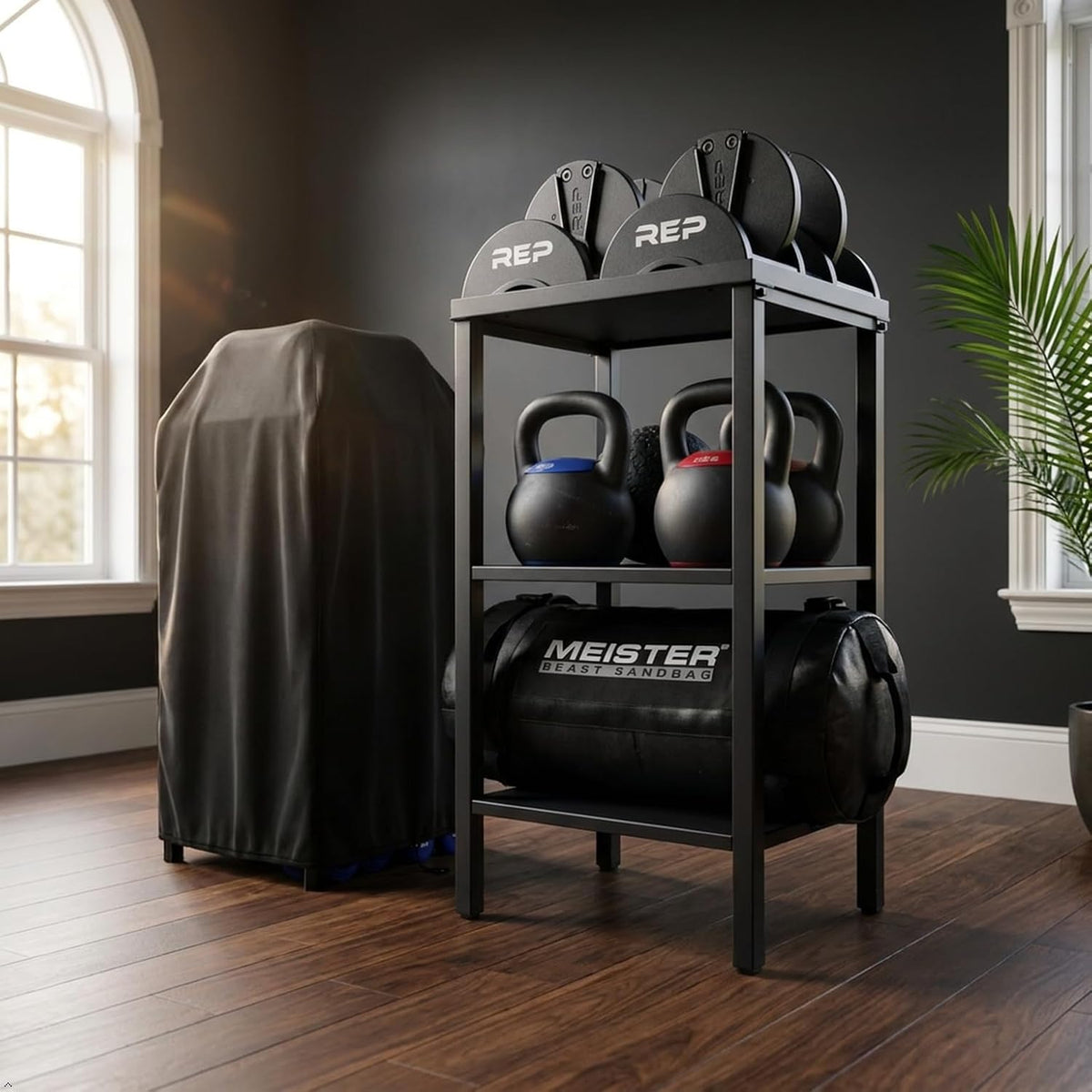 Rack ajustable para mancuernas/kettlebells 500-800LB de alta resistencia con cubierta Opt