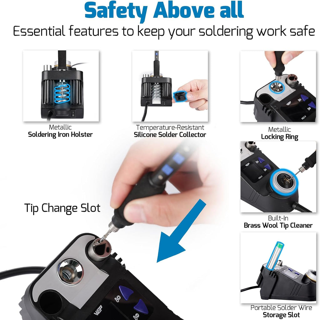 WEP 982-V Kit de Soldadura Micro con 5 puntas C245 para soldador, control de temperatura, modo de suspensión, apagado automático y pantalla LCD