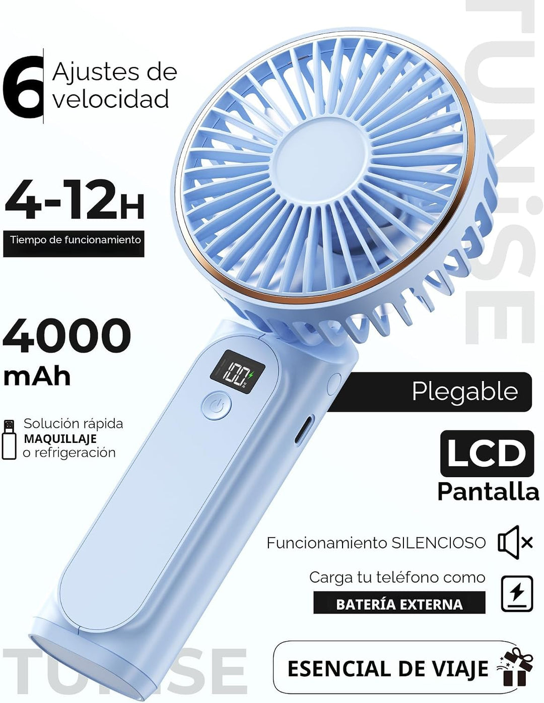 TUNISE Ventilador de mano portátil, ventilador portátil recargable,...