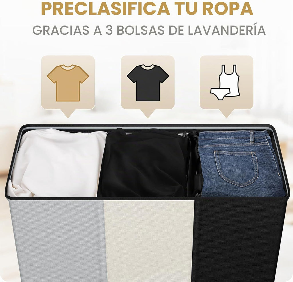 SOLEDI Cesto grande para ropa sucia de 3 secciones con tapa, cesta de