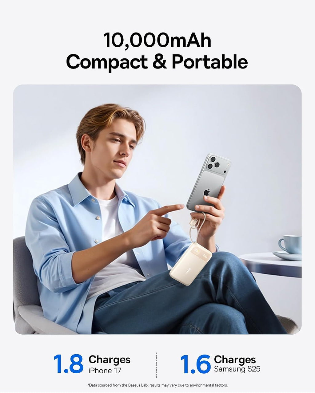 Baseus Banco de energía ultra delgado de 45 W, 10000 mAh, cables USB-C integrados, cargador portátil certificado CCC, esencial de viaje, carga rápida, tamaño de bolsillo, batería para iPhone 17 16