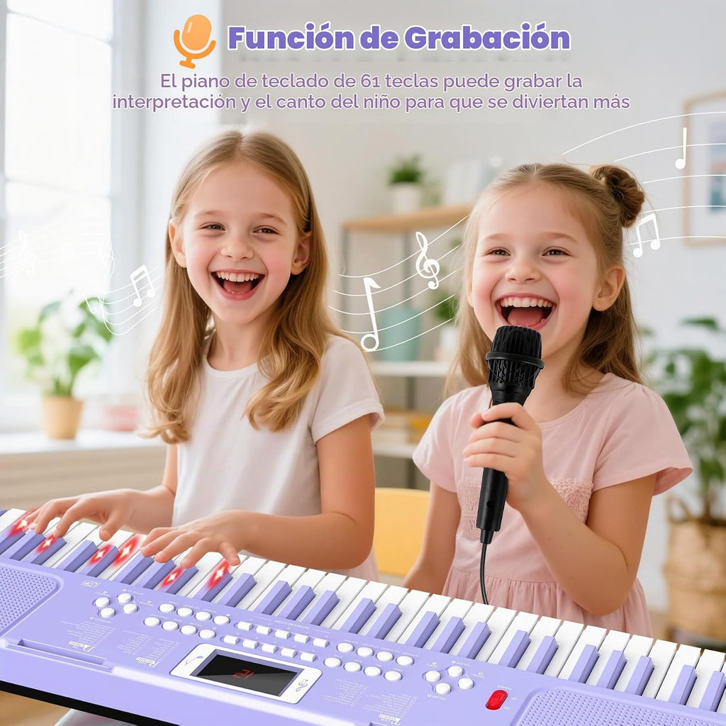 Teclado de piano para niños de 61 teclas con teclas iluminadas, modo de enseñanza, altavoz dual