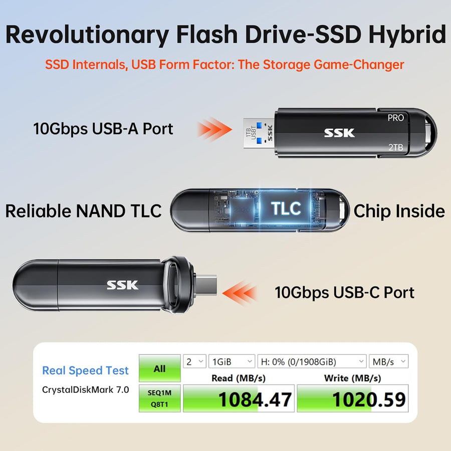 SSK Unidad flash USB 2TB SSD externa, TLC NAND unidad de estado sól...
