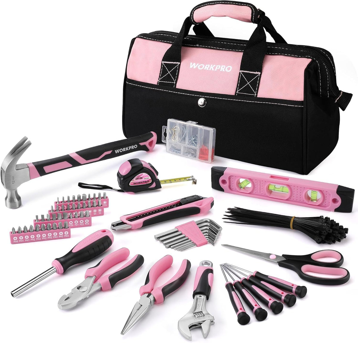 WORKPRO Kit de herramientas rosa, juego de herramientas de reparación del hogar de 263 piezas con bolsa de almacenamiento abierta de boca ancha, kit de herramientas para el hogar, cinta rosa