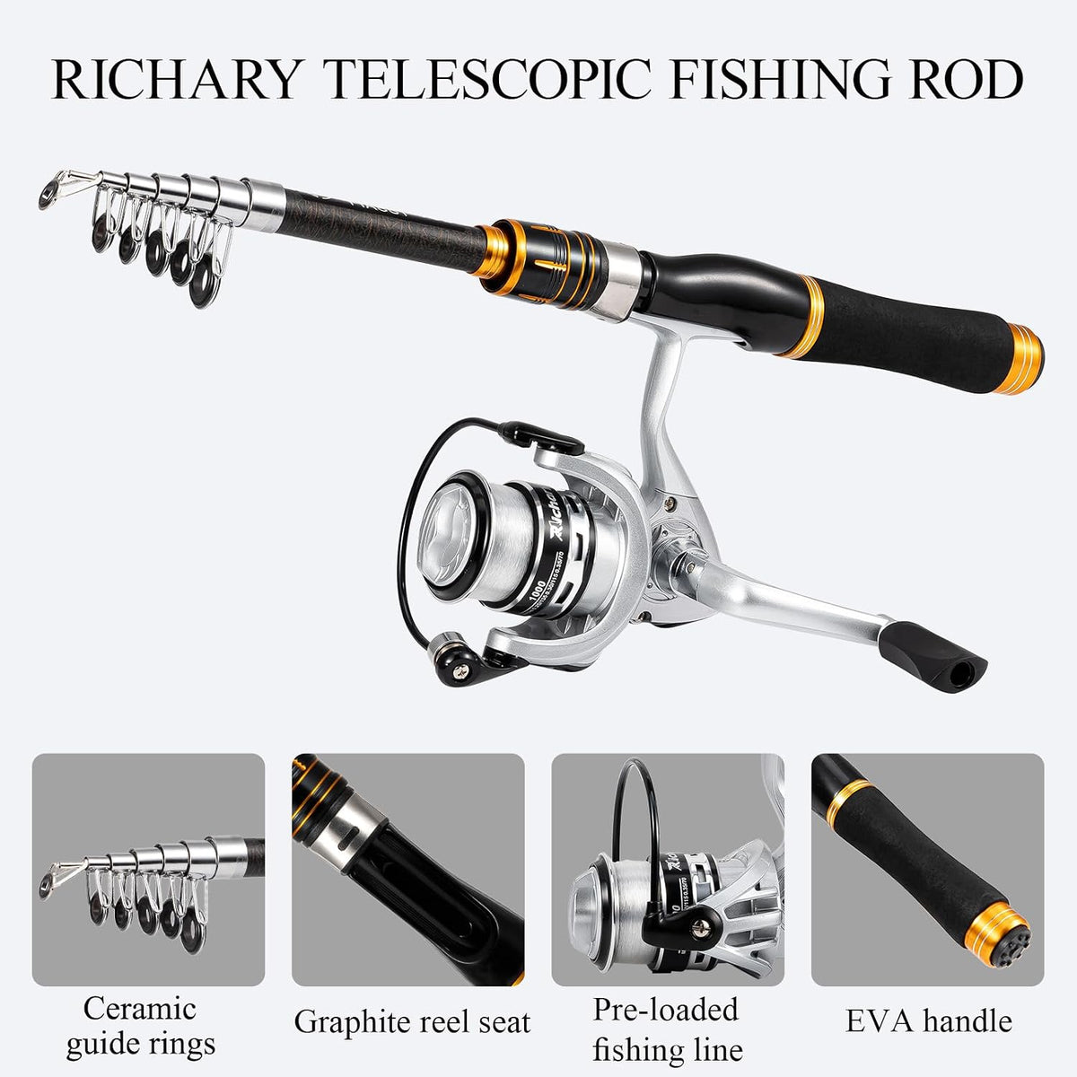 Combo de caña de pescar telescópica y carrete, kit completo de pesca con caja de aparejos de señuelos, caña giratoria de agua dulce y salada para caña de pescar de trucha lubina para