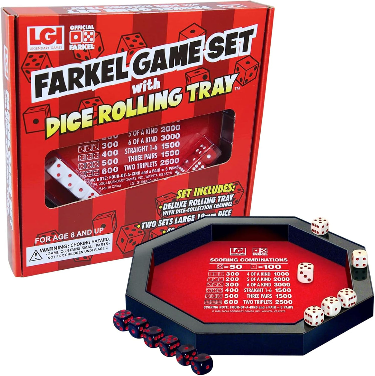 Farkel Juego con bandeja rodante de dados de lujo, canal integrado de recolección de dados, 2 juegos de dados, marcador de 40 hojas, juego familiar clásico