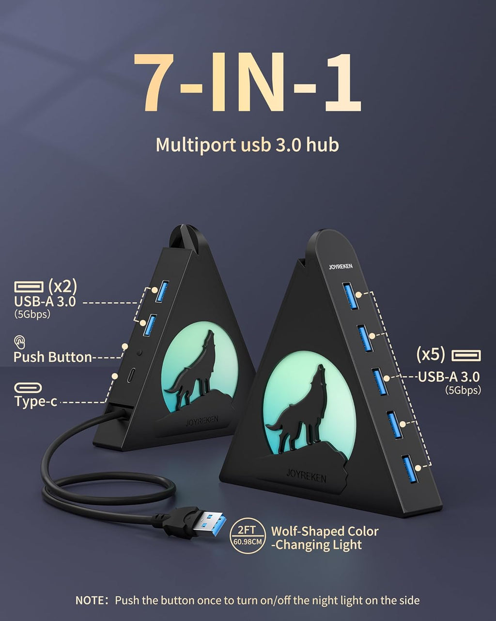 JoyReken, J7-WF-BK-2FT, hub USB 3.0 de 7 puertos