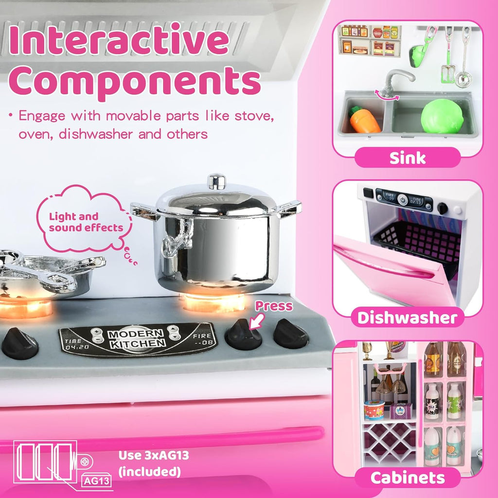 SOCBTNSO 64 piezas de juguete de cocina rosa con luces sonidos para niños